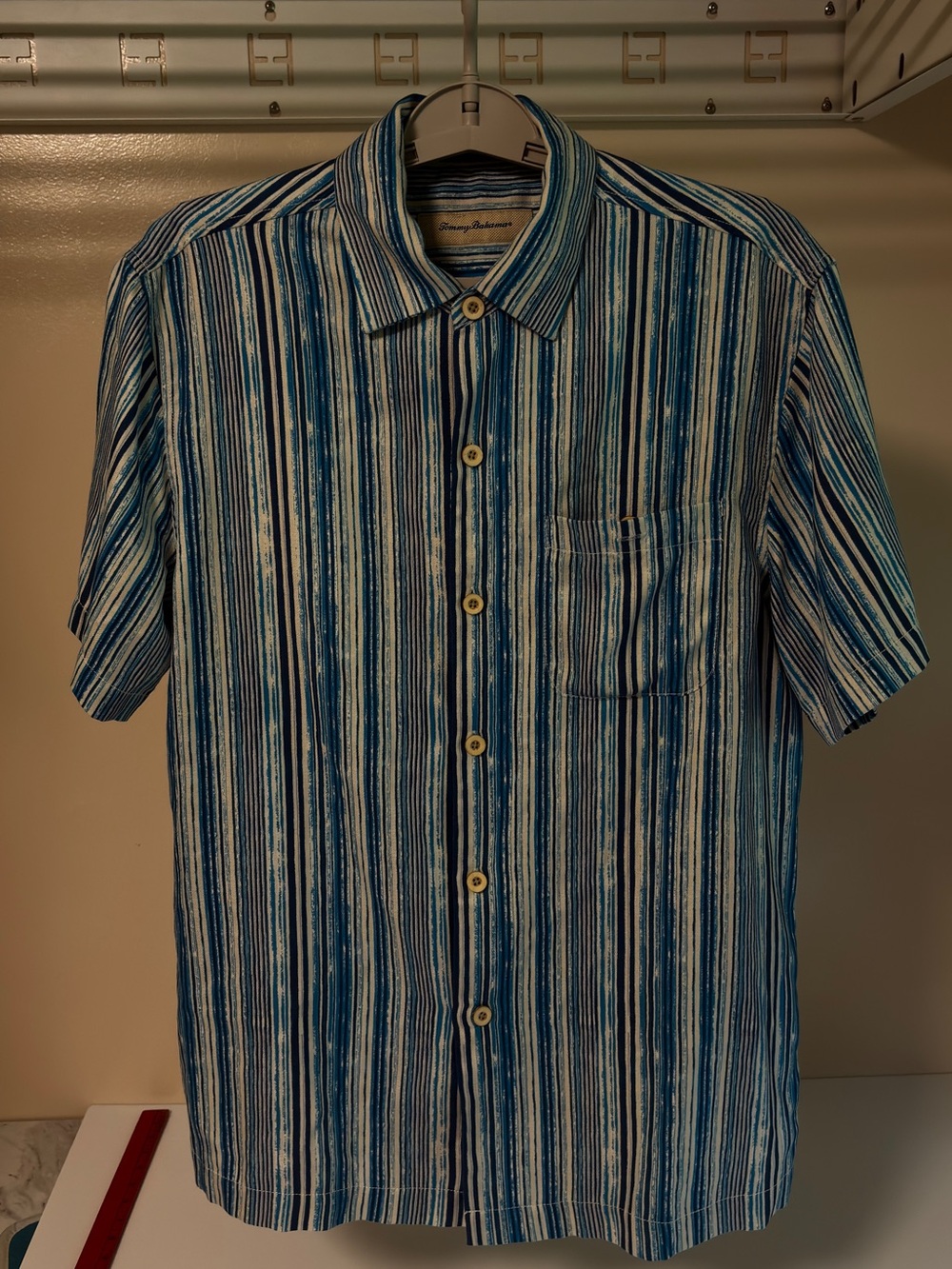 Tommy Bahama Blue and White Vertical Stripe Short-Sleeve Button-Down Shirt